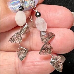 Elegant Rose Quartz and Black Rutile Dangle Earrings
